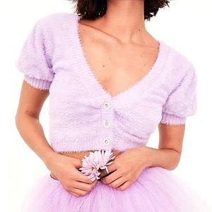 for love & lemons purple puff sleeve cardigan
